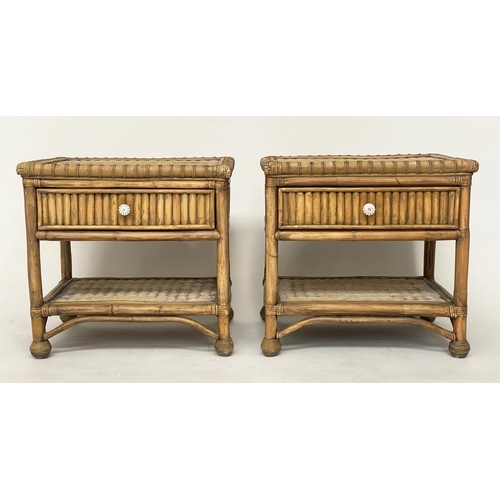 124 - BAMBOO SIDE/LAMP TABLES, a pair, cane bound with wicker woven shelves and drawer, 63cm W x 49cm D x ... 