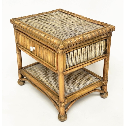 124 - BAMBOO SIDE/LAMP TABLES, a pair, cane bound with wicker woven shelves and drawer, 63cm W x 49cm D x ... 