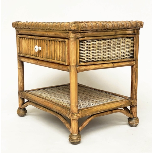 124 - BAMBOO SIDE/LAMP TABLES, a pair, cane bound with wicker woven shelves and drawer, 63cm W x 49cm D x ... 