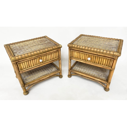 124 - BAMBOO SIDE/LAMP TABLES, a pair, cane bound with wicker woven shelves and drawer, 63cm W x 49cm D x ... 