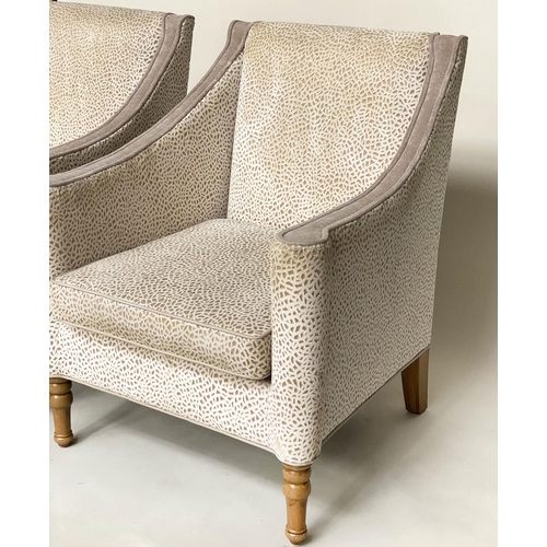 136 - ARMCHAIRS, a pair, pale grey velvet and cut velvet with scroll arms and tapering supports, 75cm W. (... 