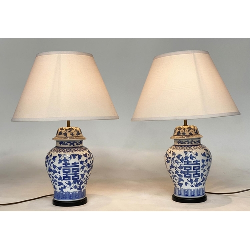 141 - TABLE LAMPS, a pair, Chinese blue and white of ginger jar form, with conical shades, 65cm H. (2)