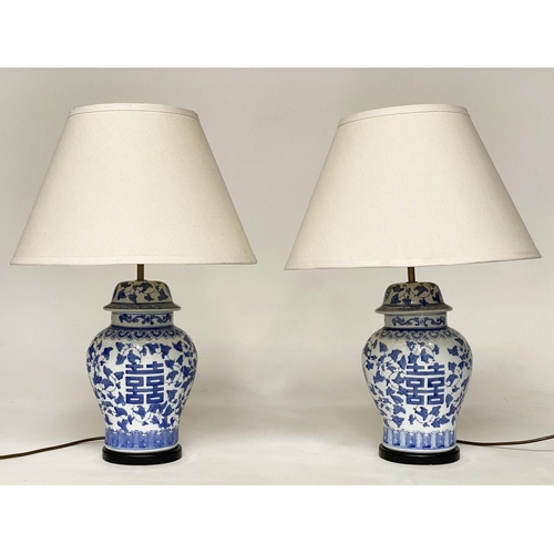 141 - TABLE LAMPS, a pair, Chinese blue and white of ginger jar form, with conical shades, 65cm H. (2)