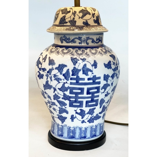 141 - TABLE LAMPS, a pair, Chinese blue and white of ginger jar form, with conical shades, 65cm H. (2)