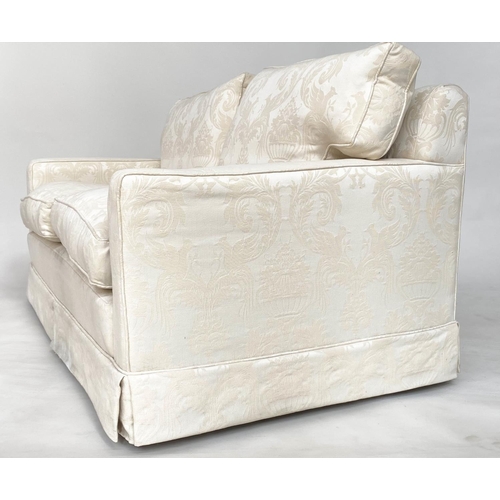 145 - SOFA, traditional two seater ivory brocade upholstered with down feather filled cushions, 135cm W.