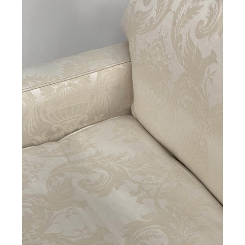 145 - SOFA, traditional two seater ivory brocade upholstered with down feather filled cushions, 135cm W.