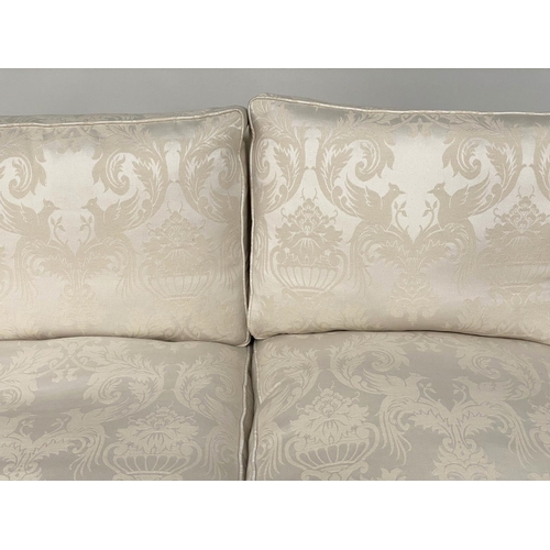 145 - SOFA, traditional two seater ivory brocade upholstered with down feather filled cushions, 135cm W.