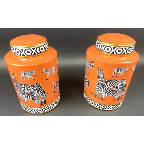 436 - GINGER JARS, a pair, glazed ceramic, zebra print design, 30cm high, 17cm diameter. (2)