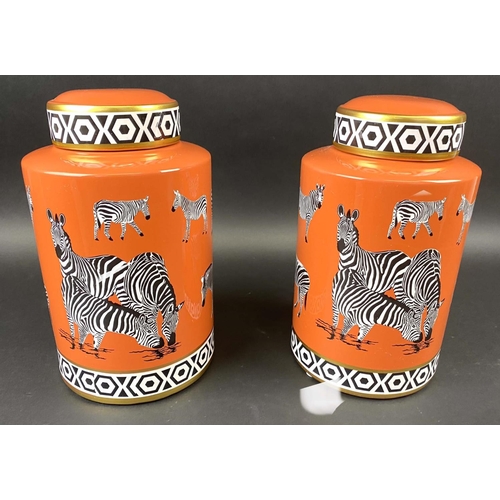 436 - GINGER JARS, a pair, glazed ceramic, zebra print design, 30cm high, 17cm diameter. (2)