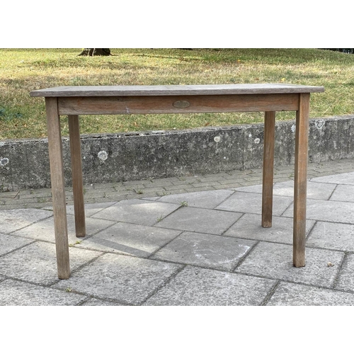 297 - GARDEN TABLE BY LISTER, 65cm D x 109cm W x 73cm H, weathered teak, of slatted construction.