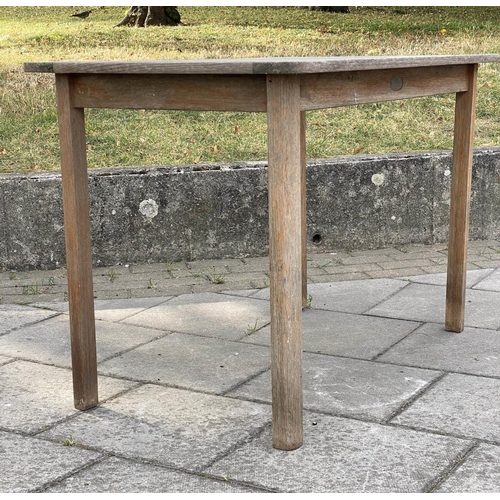 297 - GARDEN TABLE BY LISTER, 65cm D x 109cm W x 73cm H, weathered teak, of slatted construction.