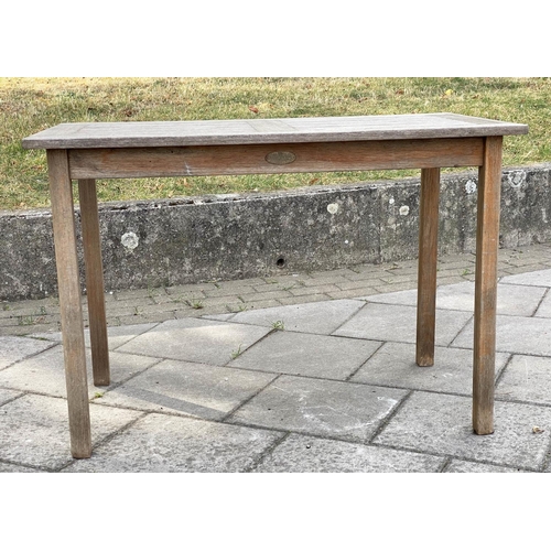 297 - GARDEN TABLE BY LISTER, 65cm D x 109cm W x 73cm H, weathered teak, of slatted construction.