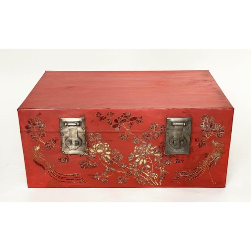 298 - TRUNK, 82cm W x 55cm D x 35cm H, early 20th century Chinese Export, scarlet lacquered and gilt Chino... 