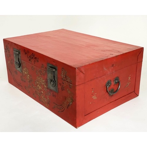 298 - TRUNK, 82cm W x 55cm D x 35cm H, early 20th century Chinese Export, scarlet lacquered and gilt Chino... 