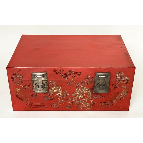 298 - TRUNK, 82cm W x 55cm D x 35cm H, early 20th century Chinese Export, scarlet lacquered and gilt Chino... 