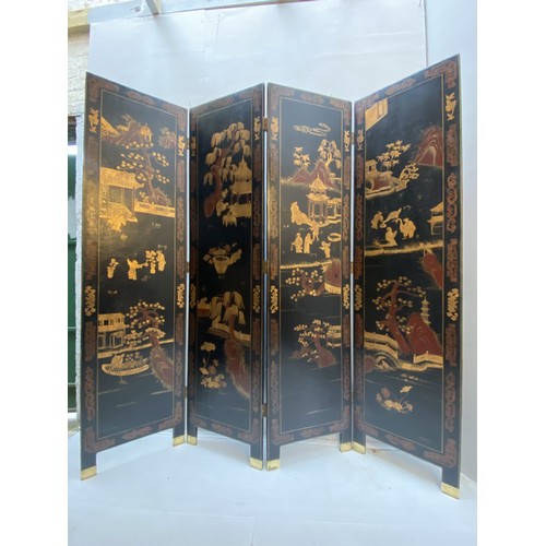 241 - CHINESE ROOM SCREEN, early 20th century, four-sectioned, Chinoiserie iron red and gilt decoration on... 