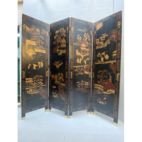 241 - CHINESE ROOM SCREEN, early 20th century, four-sectioned, Chinoiserie iron red and gilt decoration on... 