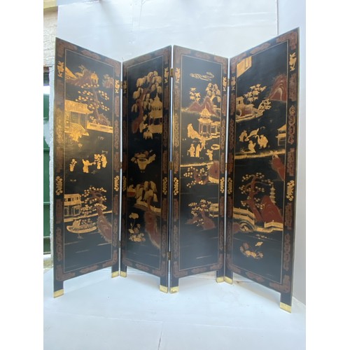 241 - CHINESE ROOM SCREEN, early 20th century, four-sectioned, Chinoiserie iron red and gilt decoration on... 