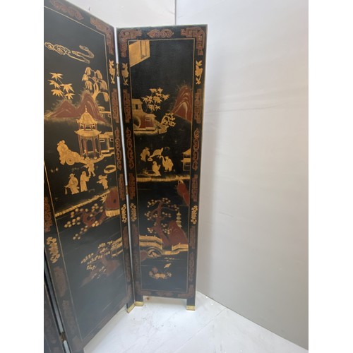 241 - CHINESE ROOM SCREEN, early 20th century, four-sectioned, Chinoiserie iron red and gilt decoration on... 