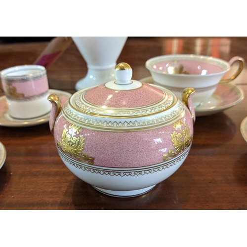 14 - WEDGWOOD COLUMBIA POWDER PINK COFFEE AND TEA SET, comprising coffee pot, teapot, four coffee cans an... 