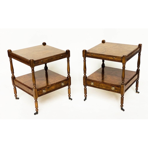 114 - LAMP TABLES, a pair, George III design yewwood, and crossbanded each with two tiers, brushing slide ... 