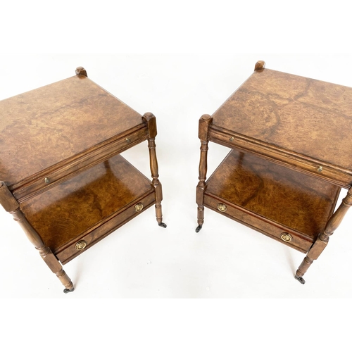 114 - LAMP TABLES, a pair, George III design yewwood, and crossbanded each with two tiers, brushing slide ... 