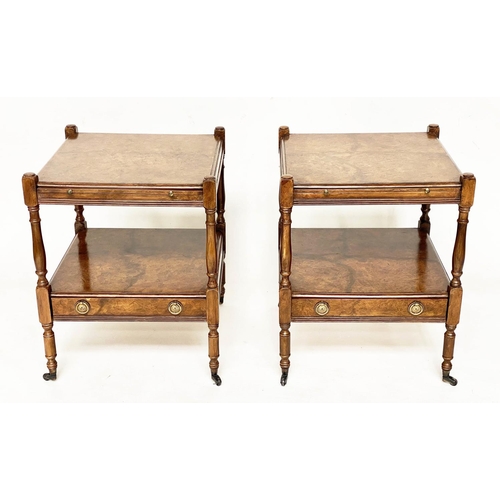 114 - LAMP TABLES, a pair, George III design yewwood, and crossbanded each with two tiers, brushing slide ... 