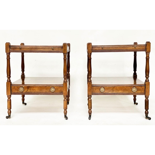 114 - LAMP TABLES, a pair, George III design yewwood, and crossbanded each with two tiers, brushing slide ... 