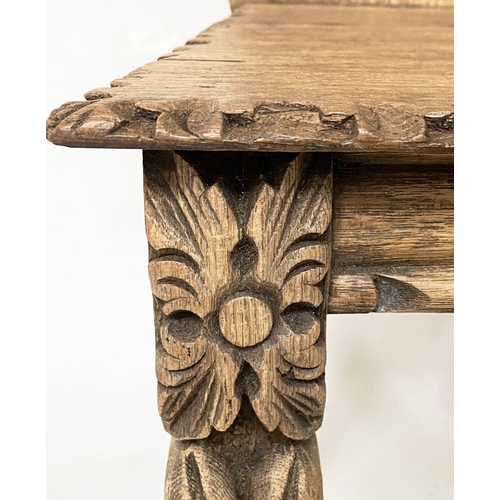 118 - HALL CHAIRS, a pair, 19th century Gothic oak each with carved and pierced lion mask backs, 43cm W. (... 