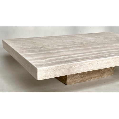 144 - TRAVERTINE LOW TABLE, 1970s Italian marble, rectangular on plinth support, 140cm W x 90cm D x 40cm H... 