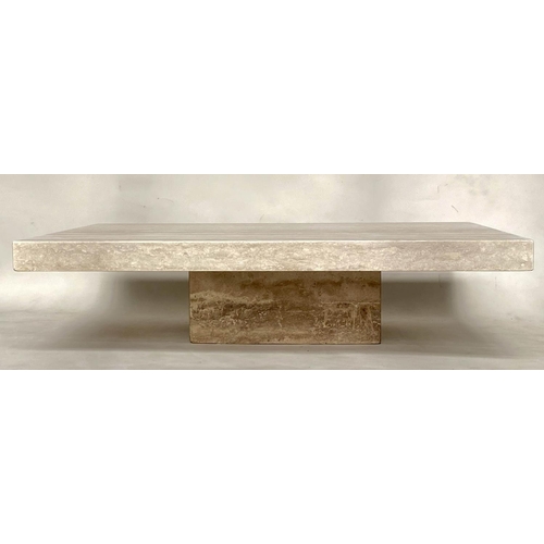 144 - TRAVERTINE LOW TABLE, 1970s Italian marble, rectangular on plinth support, 140cm W x 90cm D x 40cm H... 