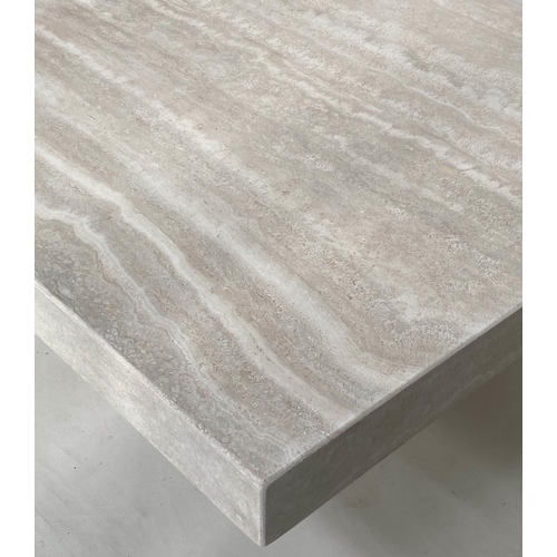 144 - TRAVERTINE LOW TABLE, 1970s Italian marble, rectangular on plinth support, 140cm W x 90cm D x 40cm H... 