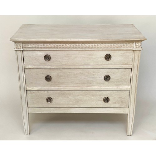 146 - COMMODE, Gustavian style traditionally grey painted with three long drawers and silvered metal handl... 