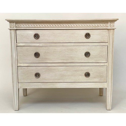 146 - COMMODE, Gustavian style traditionally grey painted with three long drawers and silvered metal handl... 