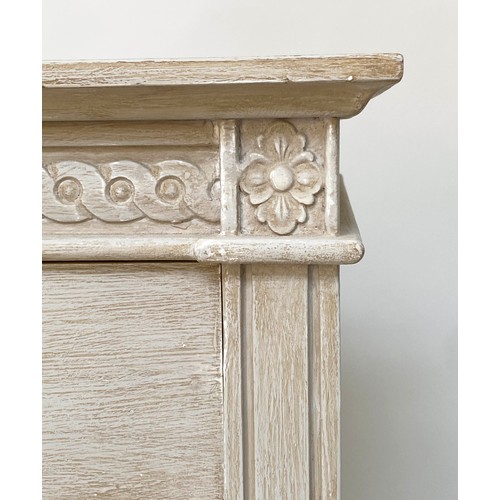 146 - COMMODE, Gustavian style traditionally grey painted with three long drawers and silvered metal handl... 