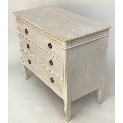 146 - COMMODE, Gustavian style traditionally grey painted with three long drawers and silvered metal handl... 