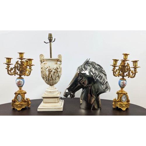 518 - COLLECTION OF INTEREST, including a table lamp, 55cm H, pair of candelabra, 41cm H and a sculptural ... 