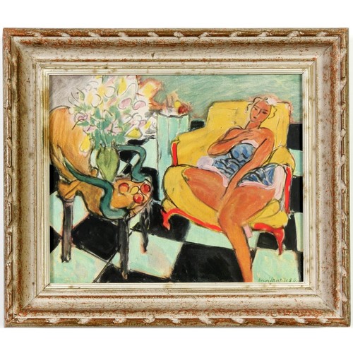 68 - HENRI MATISSE, Jeune femme assise jaune, off set lithograph, French vintage frame, 21cm x 26.5cm.