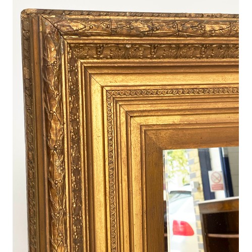 105 - WALL MIRROR, 19th century giltwood and gesso rectangular moulded and decorated frame enclosing bevel... 