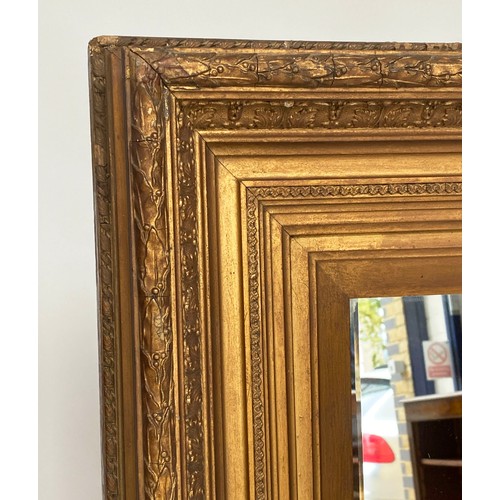 105 - WALL MIRROR, 19th century giltwood and gesso rectangular moulded and decorated frame enclosing bevel... 