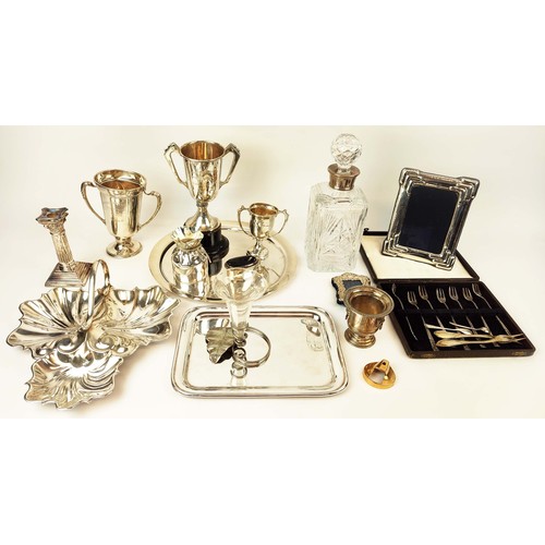 28 - COLLECTION OF ASSORTED SILVER AND PLATED WARE, comprising award trophies photo frames, cake forks, c... 