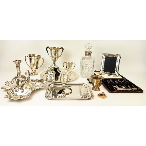 28 - COLLECTION OF ASSORTED SILVER AND PLATED WARE, comprising award trophies photo frames, cake forks, c... 