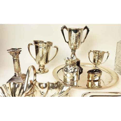 28 - COLLECTION OF ASSORTED SILVER AND PLATED WARE, comprising award trophies photo frames, cake forks, c... 