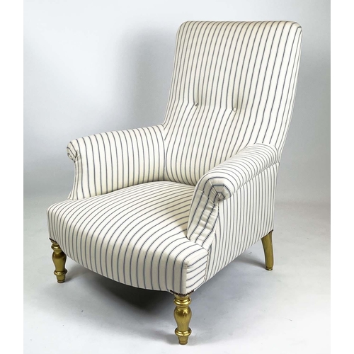 168 - ARMCHAIR, 101cm H x 84cm W, giltwood with ticking upholstery.