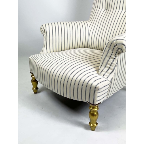 168 - ARMCHAIR, 101cm H x 84cm W, giltwood with ticking upholstery.