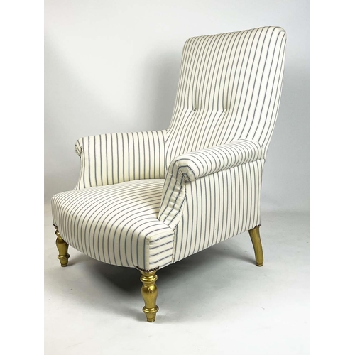 168 - ARMCHAIR, 101cm H x 84cm W, giltwood with ticking upholstery.