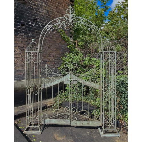 316 - ARCHITECTURAL GARDEN GATE, 250cm high, 185cm wide, 38cm deep, Regency style, aged painted finish.