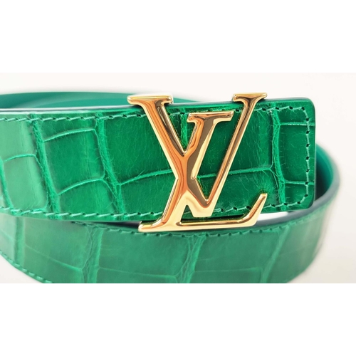 LOUIS VUITTON CROCODILE BELT, green exotic leather with gold tone initials  at the front, size 80/32