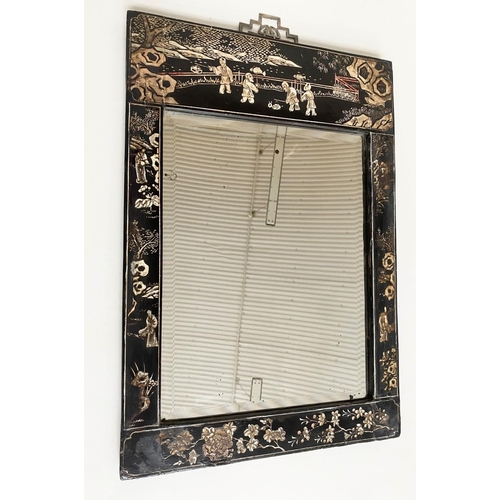 220 - JAPANESE WALL MIRROR, 19th century Japanese lacquered and silvered gilt decorated rectangular frame ... 