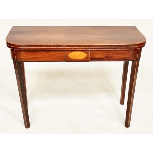 221 - CARD TABLE, George III mahogany and boxwood strung, D shaped foldover baize lined, 91cm x 44cm D x 7... 